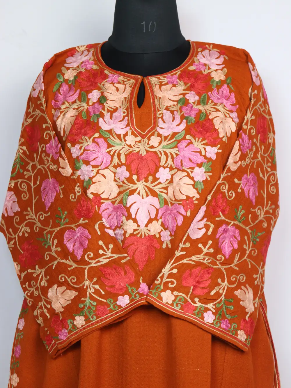 Bushra Brown Raffal Wool Loose Pheran with Sleeve Jaal Aari Work - Image 2