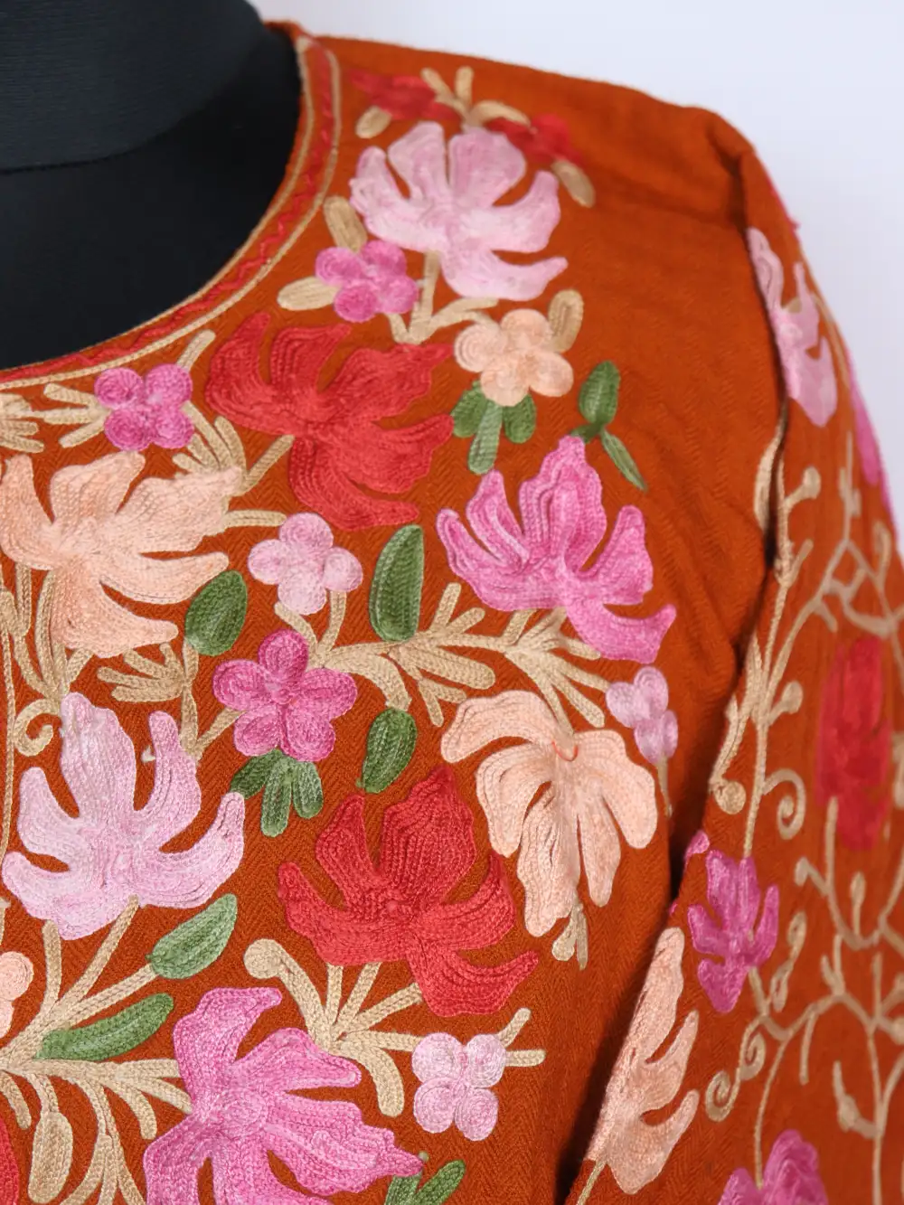 Bushra Brown Raffal Wool Loose Pheran with Sleeve Jaal Aari Work - Image 3