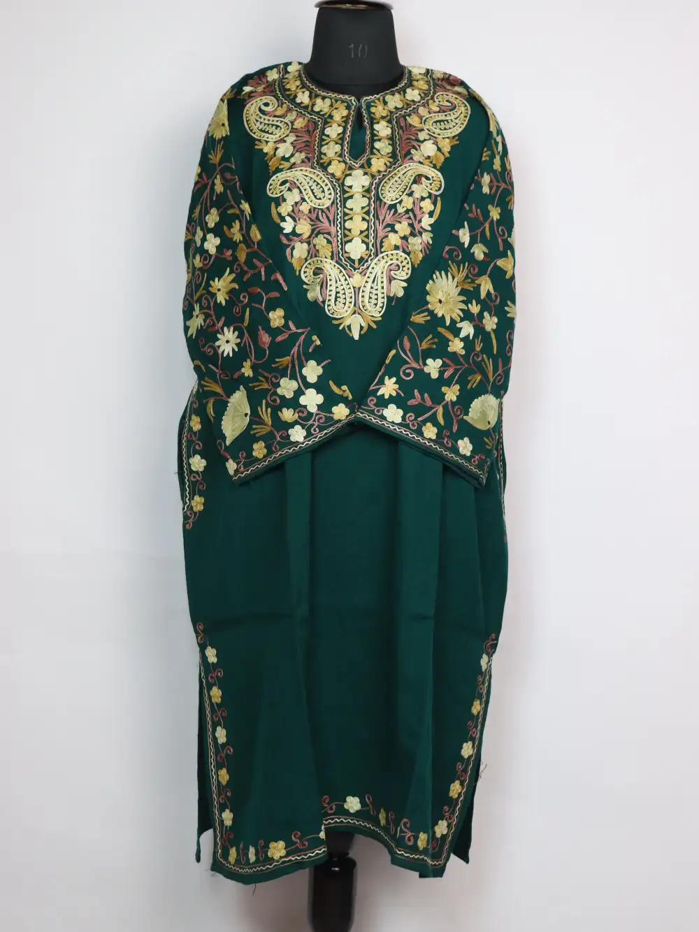 Loose Pheran Raffal Wool Bushra Dark Green with Sleeve Jaal Aari Work