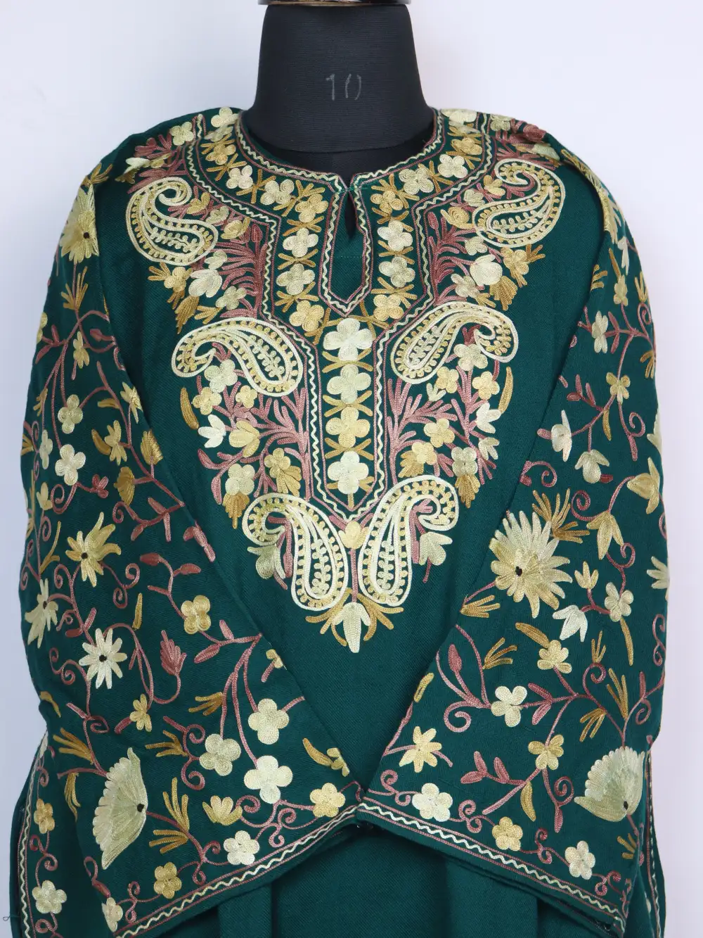 Loose Pheran Raffal Wool Bushra Dark Green with Sleeve Jaal Aari Work - Image 2