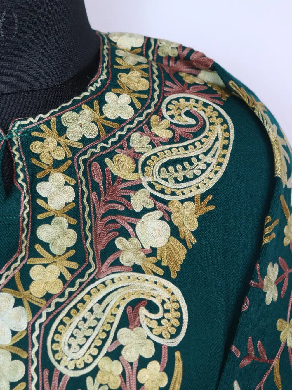 Loose Pheran Raffal Wool Bushra Dark Green with Sleeve Jaal Aari Work - Image 3