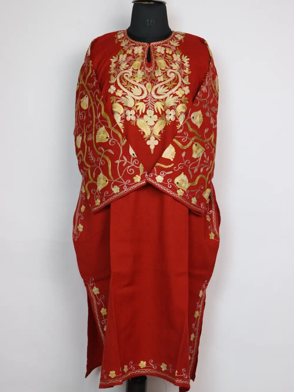 Chilly Red Loose Pheran Raffal Wool with Sleeve Jaal Aari Work Bushra