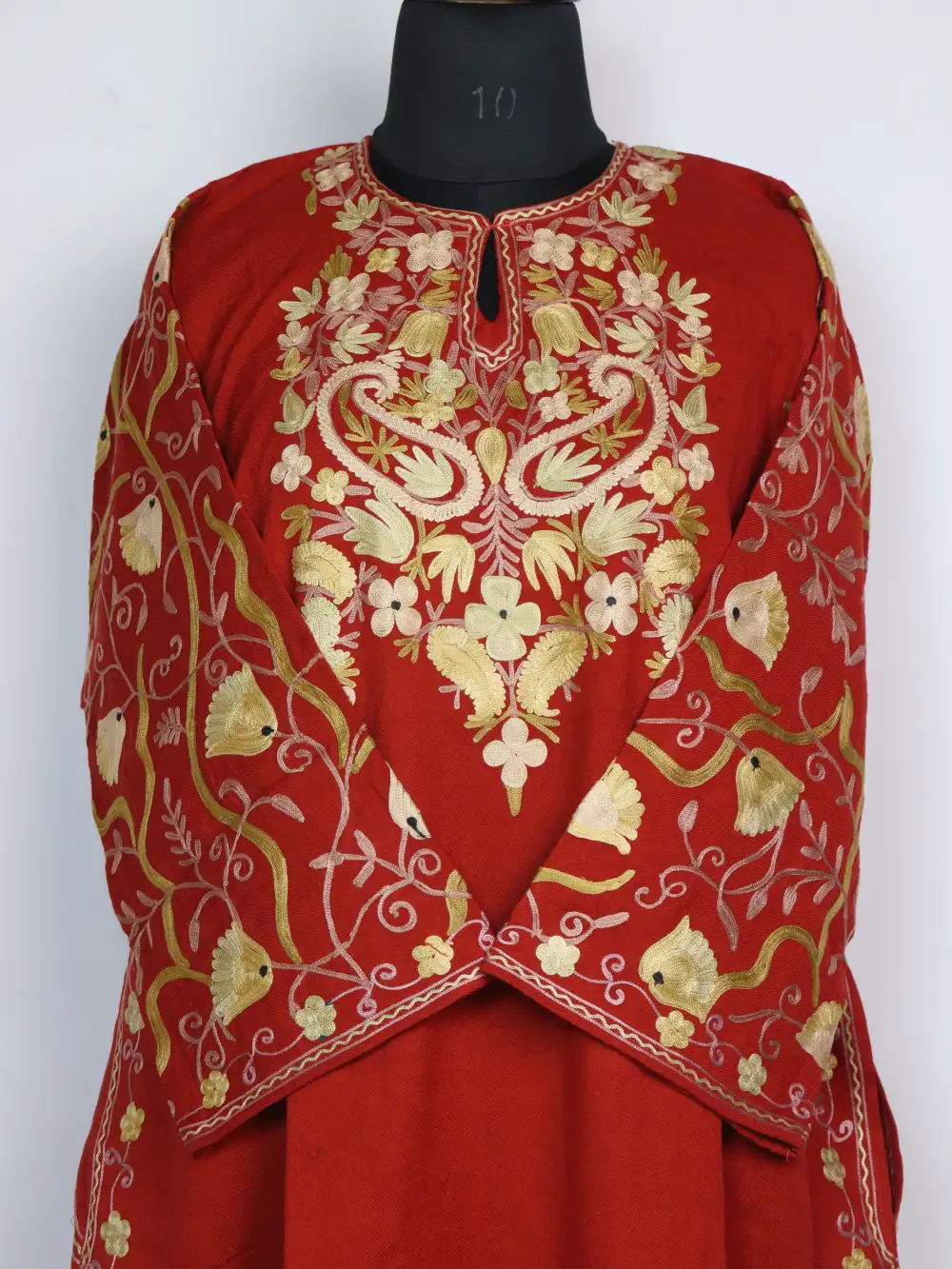 Chilly Red Loose Pheran Raffal Wool with Sleeve Jaal Aari Work Bushra - Image 2