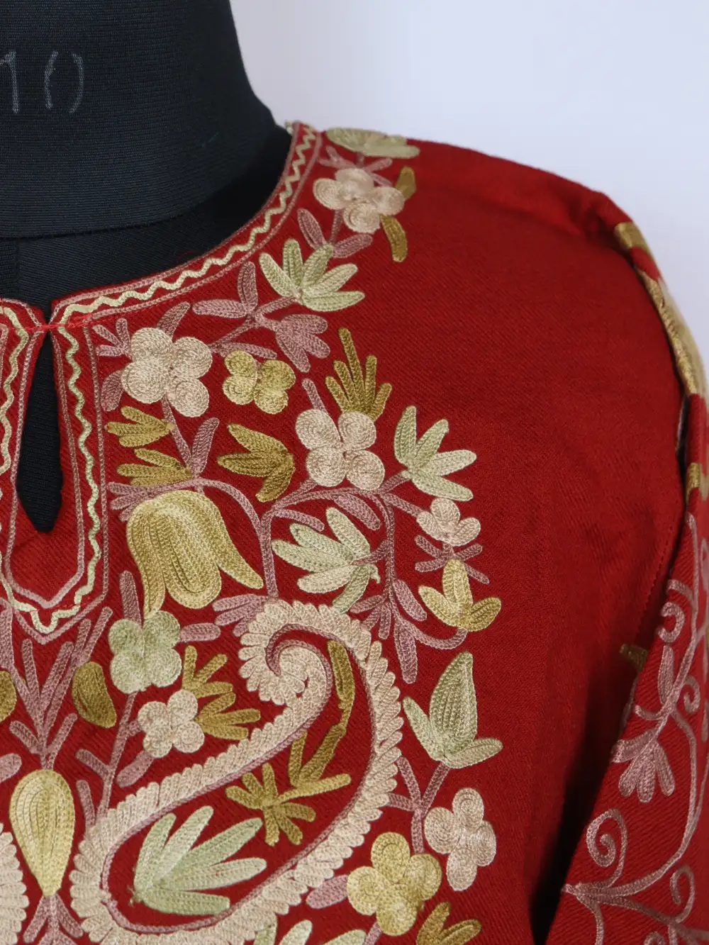 Chilly Red Loose Pheran Raffal Wool with Sleeve Jaal Aari Work Bushra - Image 3