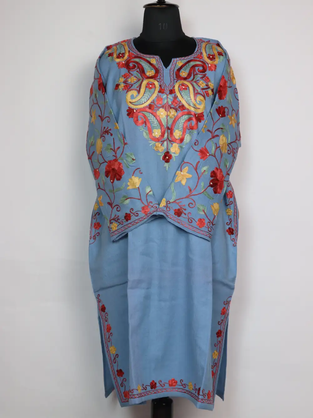 Bushra Dark Grey Loose Pheran Raffal Wool with Sleeve Jaal Aari Work