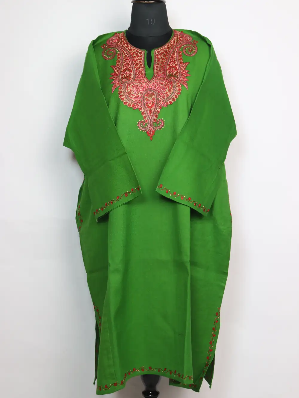 Green Raffal Wool Sopore Pheran with Hand Sozni Work