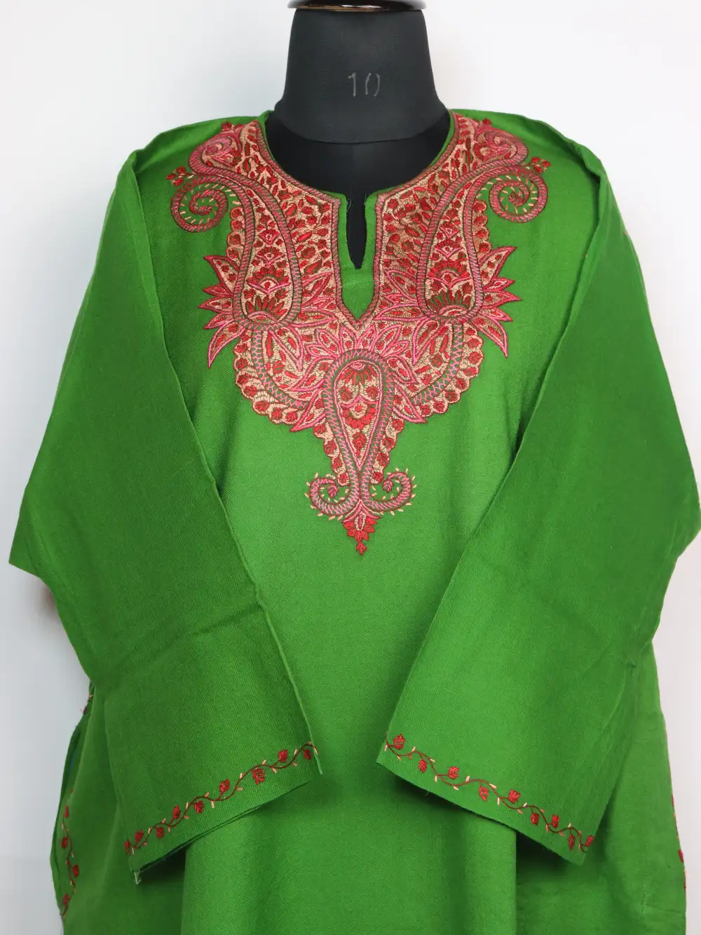 Green Raffal Wool Sopore Pheran with Hand Sozni Work - Image 2