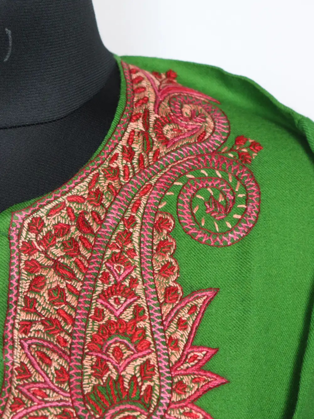 Mehandi Green Raffal Wool Sopore Pheran with Hand Sozni Work - Image 3