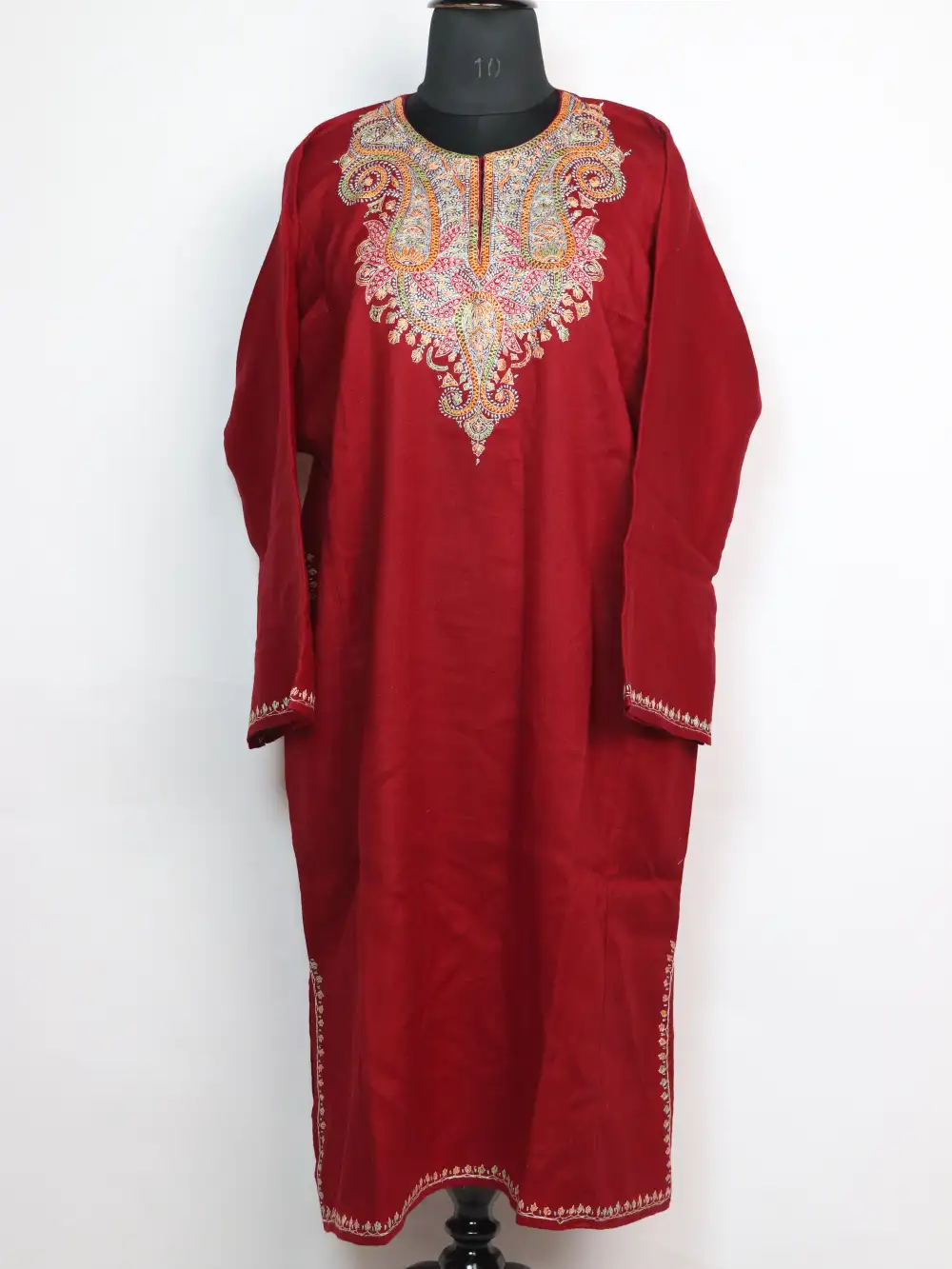 Maroon Pheran with Hand Sozni Work in Raffal Wool Sopore
