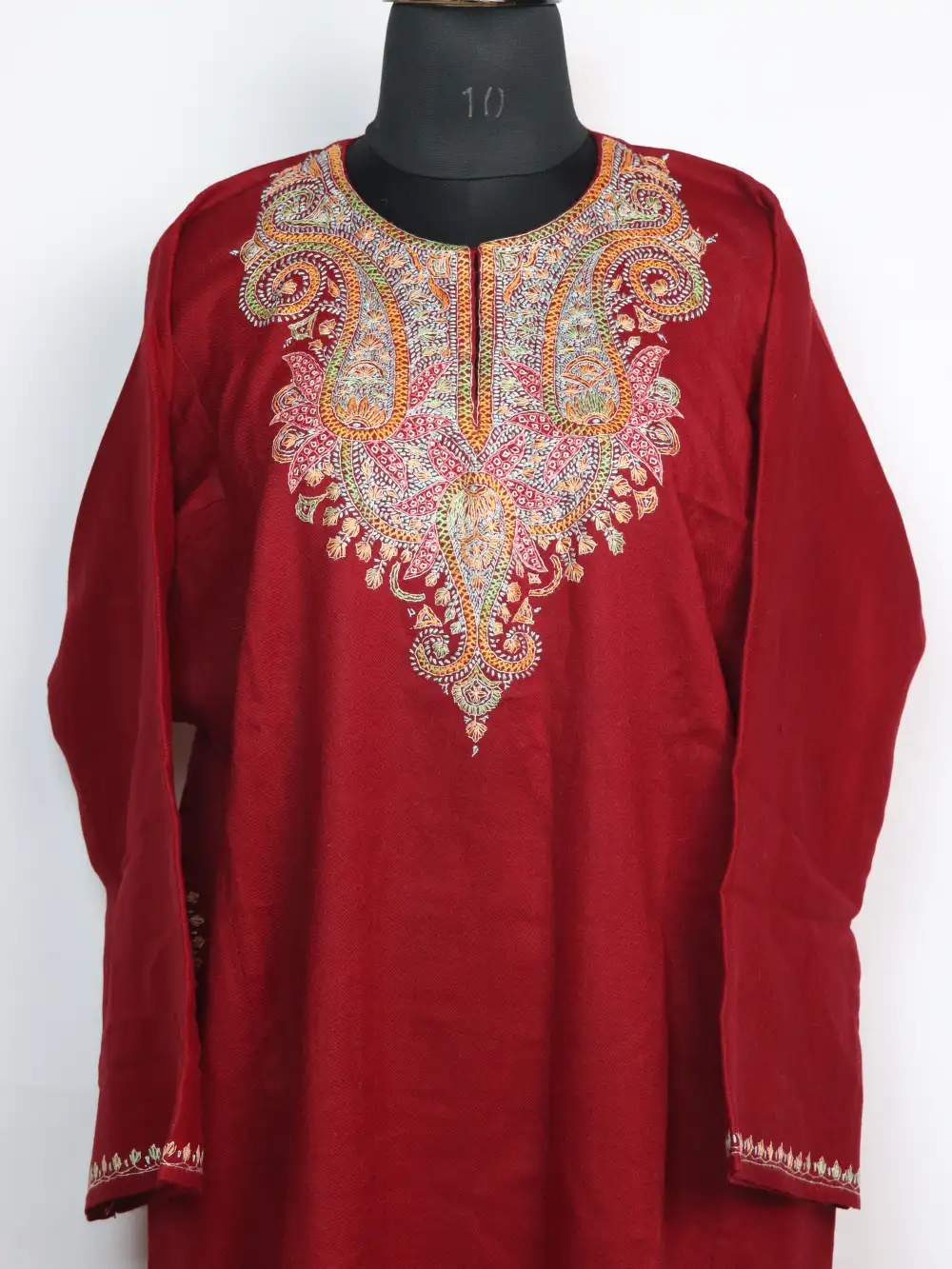 Maroon Pheran with Hand Sozni Work in Raffal Wool Sopore - Image 2