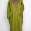 Mehandi Green Raffal Wool Pheran Sopore with Hand Sozni Work