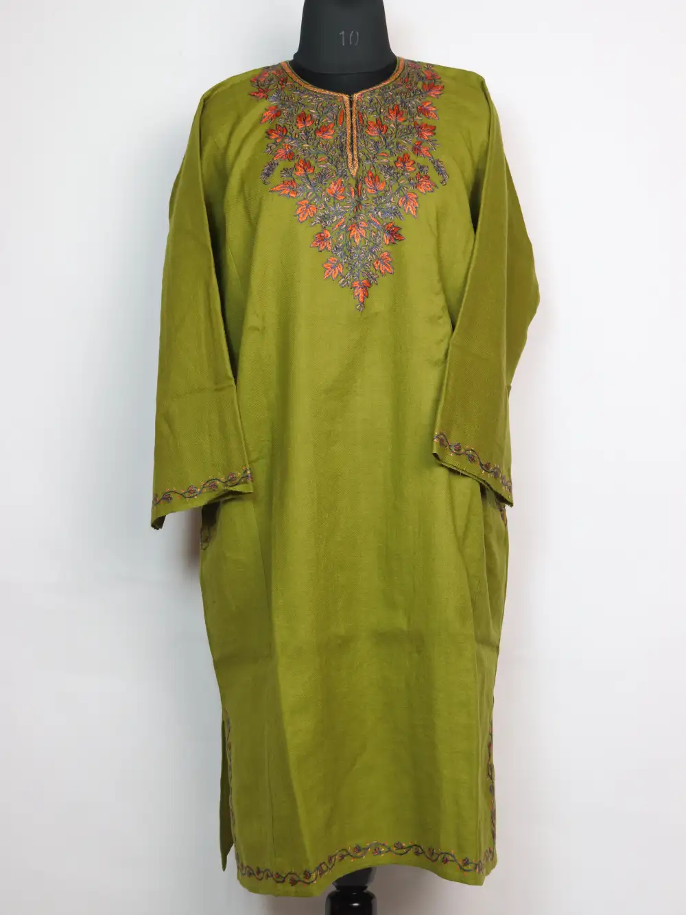 Mehandi Green Raffal Wool Pheran Sopore with Hand Sozni Work