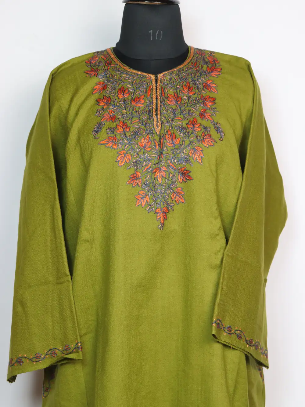 Mehandi Green Raffal Wool Pheran Sopore with Hand Sozni Work - Image 2