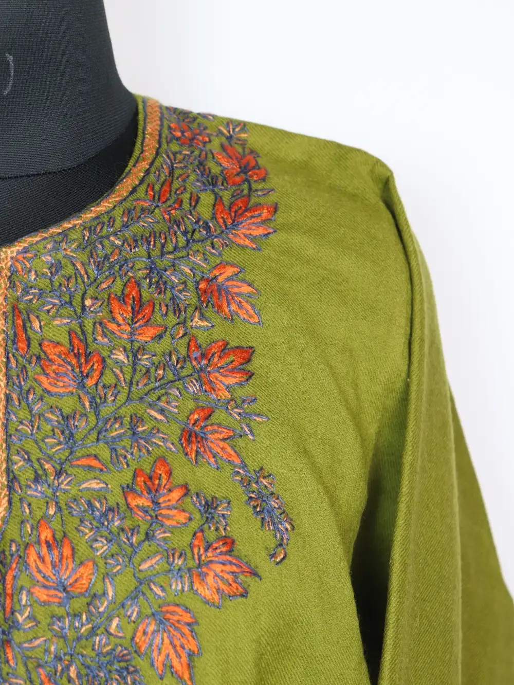 Mehandi Green Raffal Wool Pheran Sopore with Hand Sozni Work - Image 3