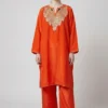 Tangy Orange Loose Party Wear Pheran Set in Velvet with Botte Tilla Embroidery