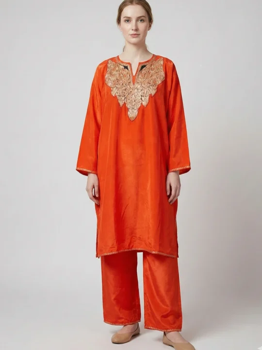 Tangy Orange Loose Party Wear Pheran Set in Velvet with Botte Tilla Embroidery