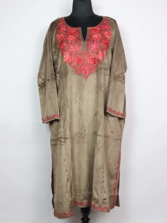 Zehra Kashmiri Aari Work Loose Pheran in Brown Velvet