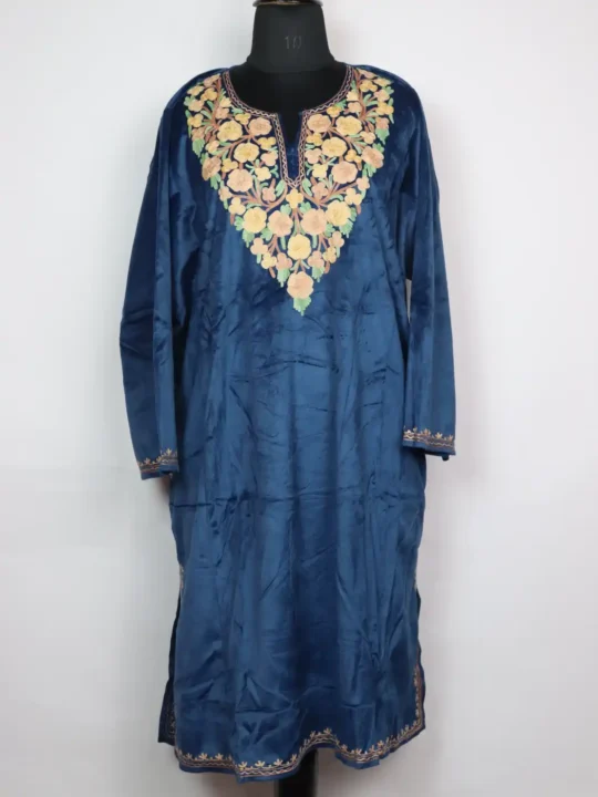 Blue Kashmiri Zehba Aari Work Loose Pheran in Velvet