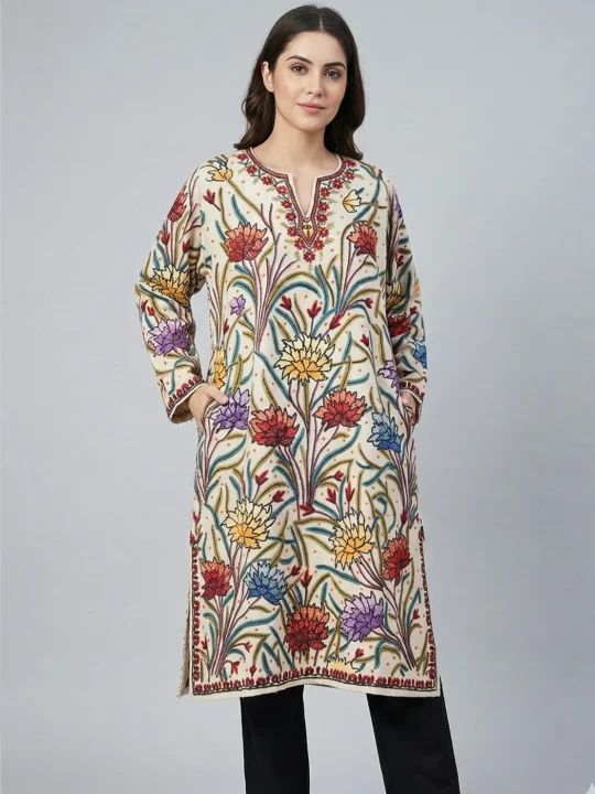 White Raffal Wool Luxe Hand Aari Jama Embroidery Pheran