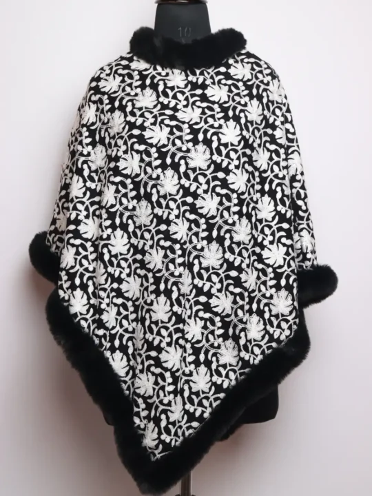 Black Aniya Cashmilon Wool Fur Poncho with Jaal Aari Embroidery