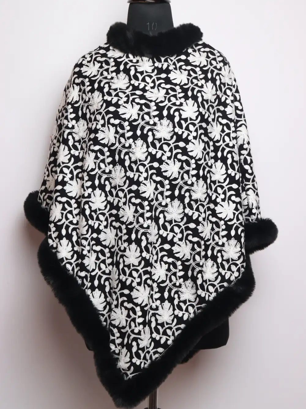 Black Aniya Cashmilon Wool Fur Poncho with Jaal Aari Embroidery