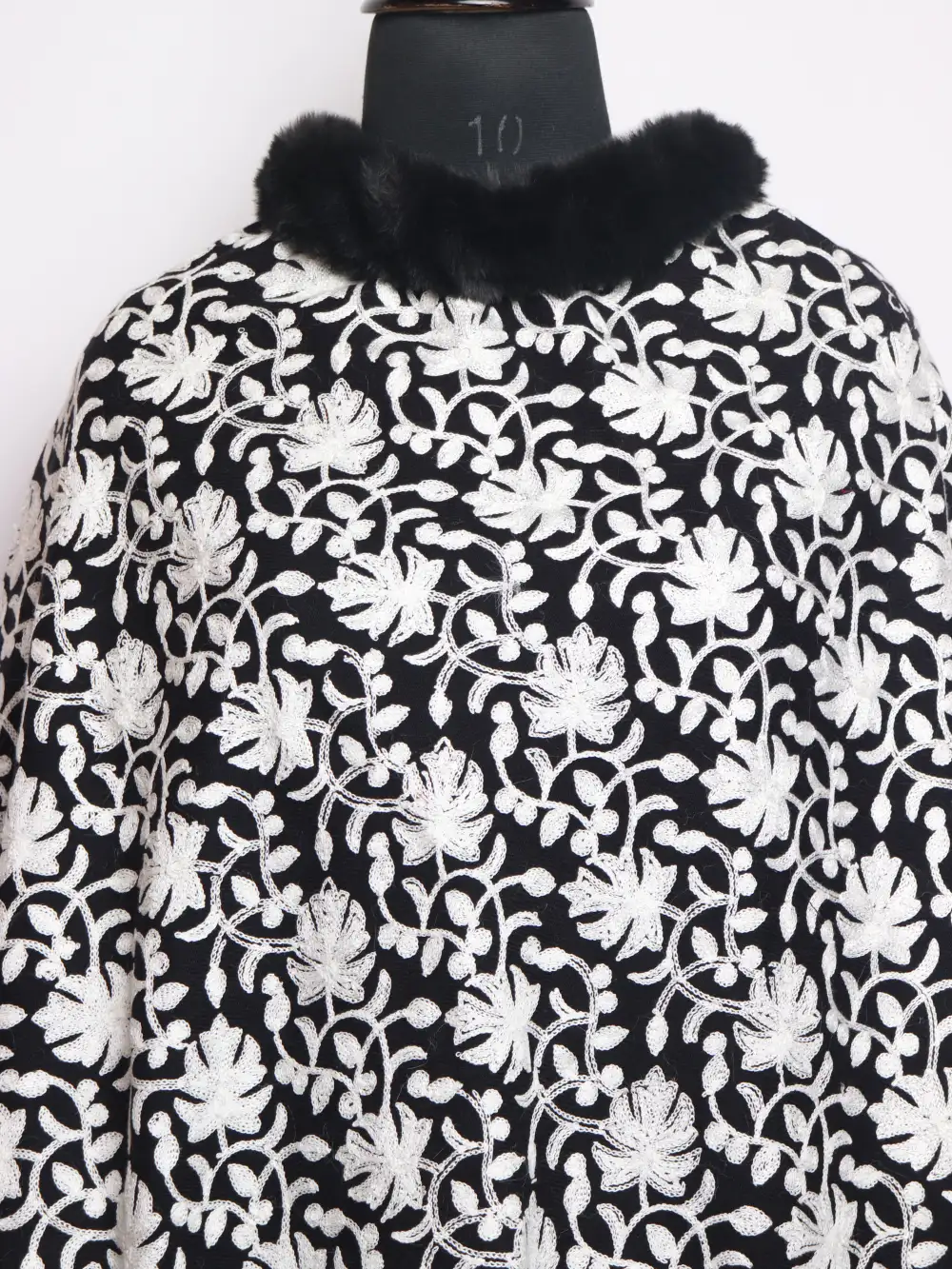 Black Aniya Cashmilon Wool Fur Poncho with Jaal Aari Embroidery - Image 2