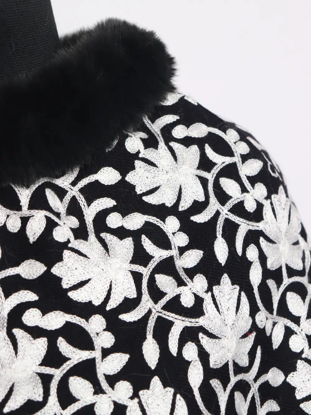 Black Aniya Cashmilon Wool Fur Poncho with Jaal Aari Embroidery - Image 3