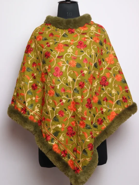 Jaal Aari Embroidered Green Fur Poncho in Cashmilon Wool Deeba