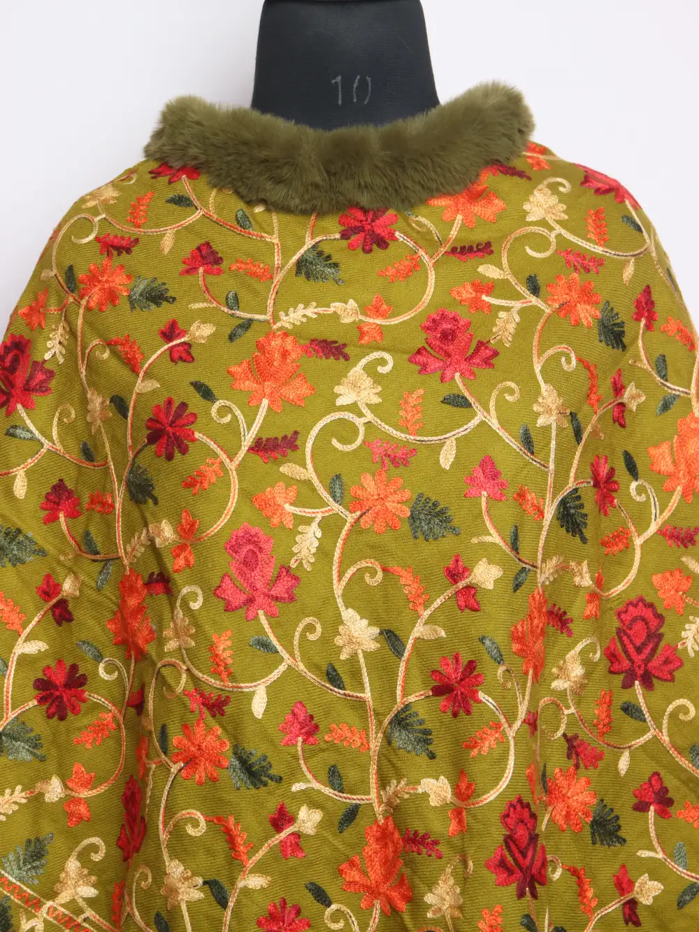 Jaal Aari Embroidered Green Fur Poncho in Cashmilon Wool Deeba - Image 2