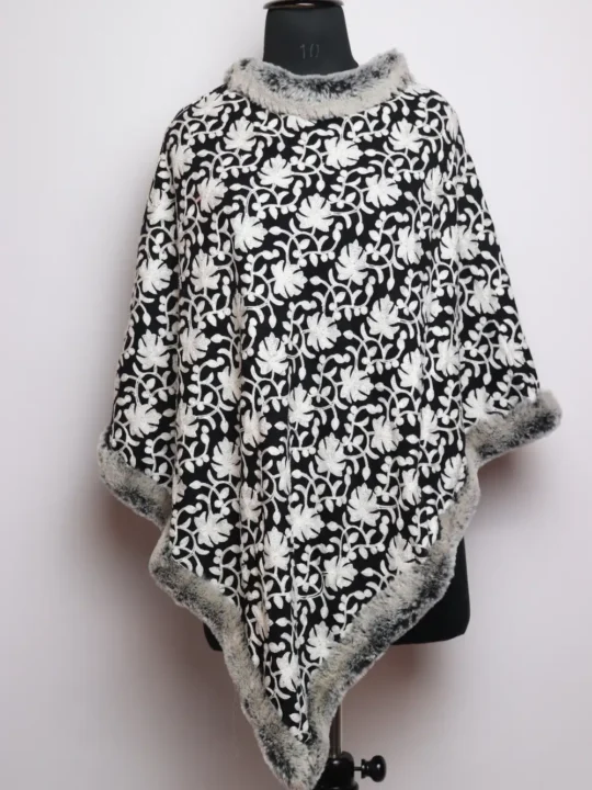 Jaal Aari Work Black Fur Poncho Haya in Cashmilon Wool