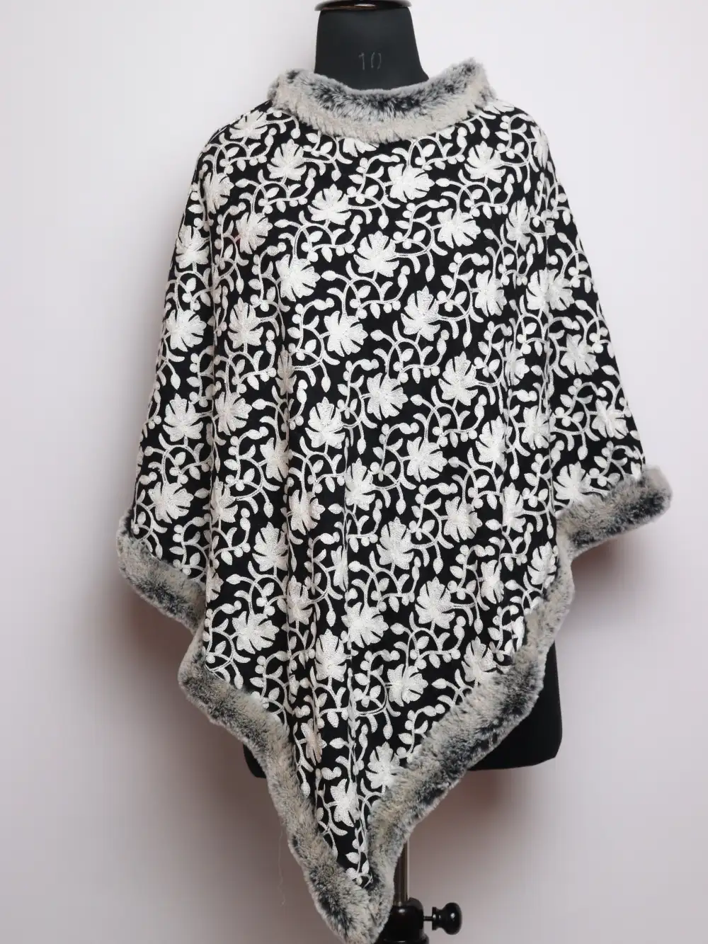 Jaal Aari Work Black Fur Poncho Haya in Cashmilon Wool