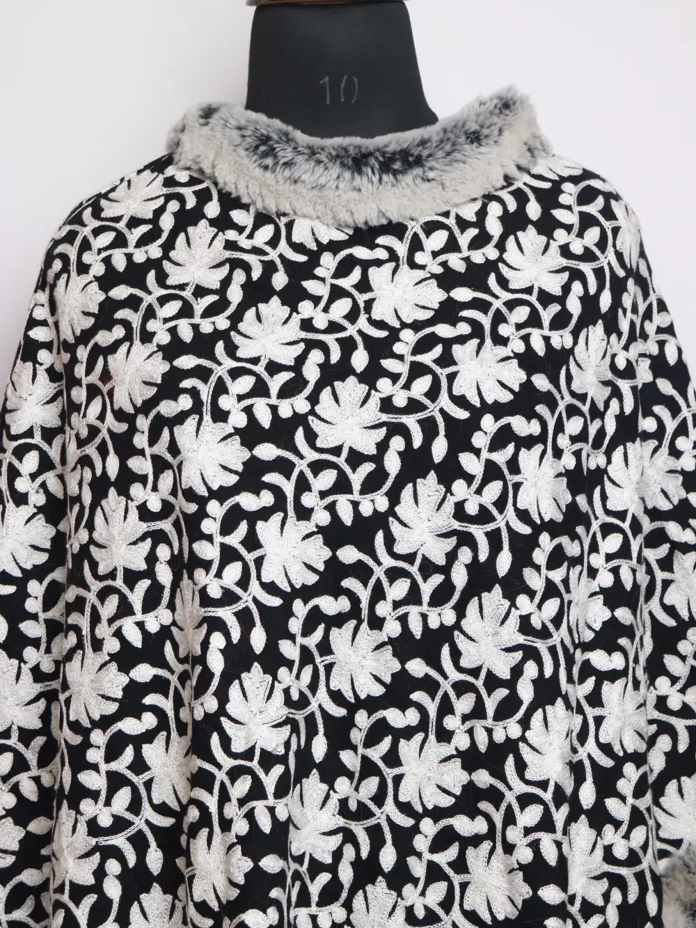 Jaal Aari Work Black Fur Poncho Haya in Cashmilon Wool - Image 2