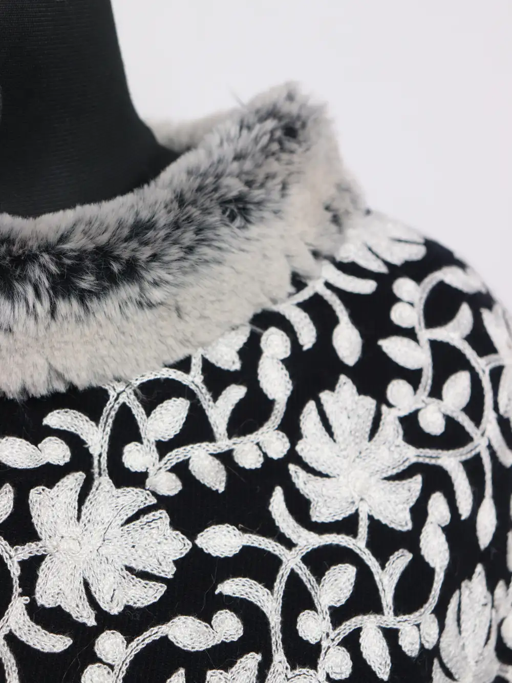 Jaal Aari Work Black Fur Poncho Haya in Cashmilon Wool - Image 3