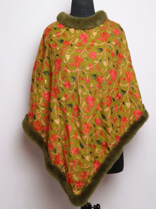 Forest Green Fur Poncho in Cashmilon Wool with Jaal Aari Work Huriya