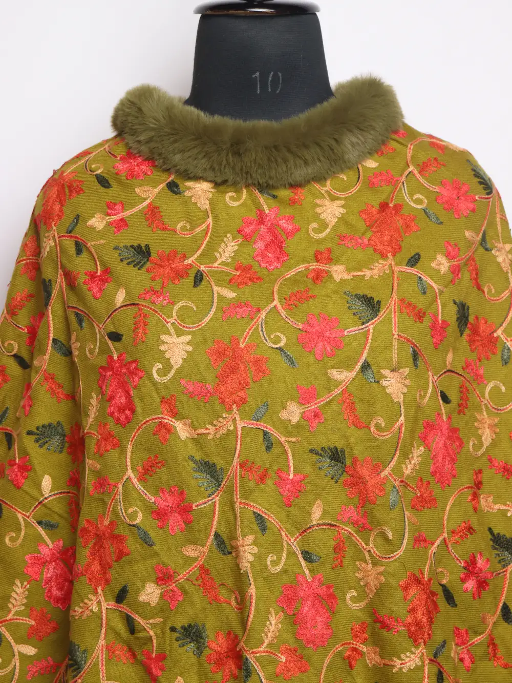 Forest Green Fur Poncho in Cashmilon Wool with Jaal Aari Work Huriya - Image 2