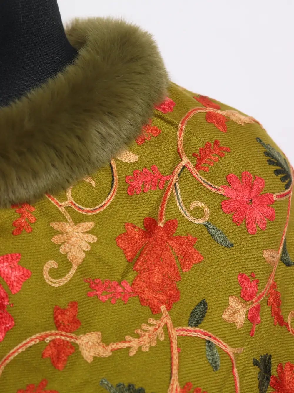 Forest Green Fur Poncho in Cashmilon Wool with Jaal Aari Work Huriya - Image 3