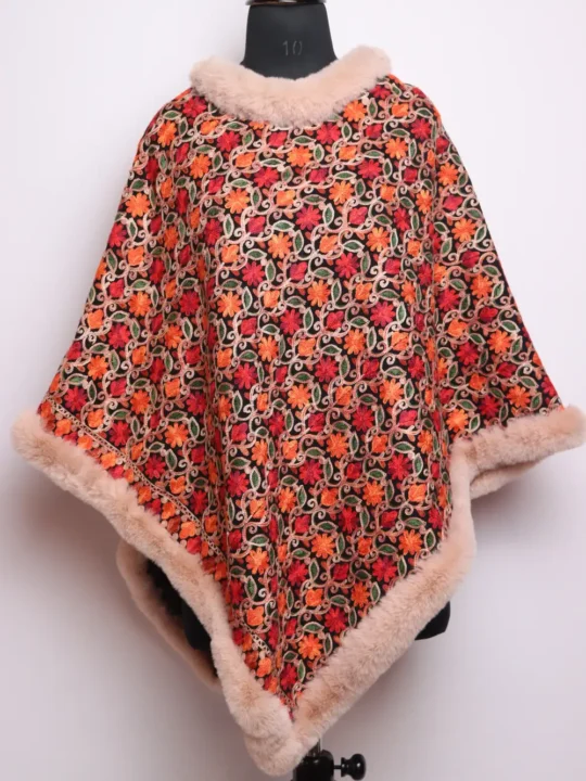 Black Fur Poncho in Cashmilon Wool with Jama Aari Work Hena