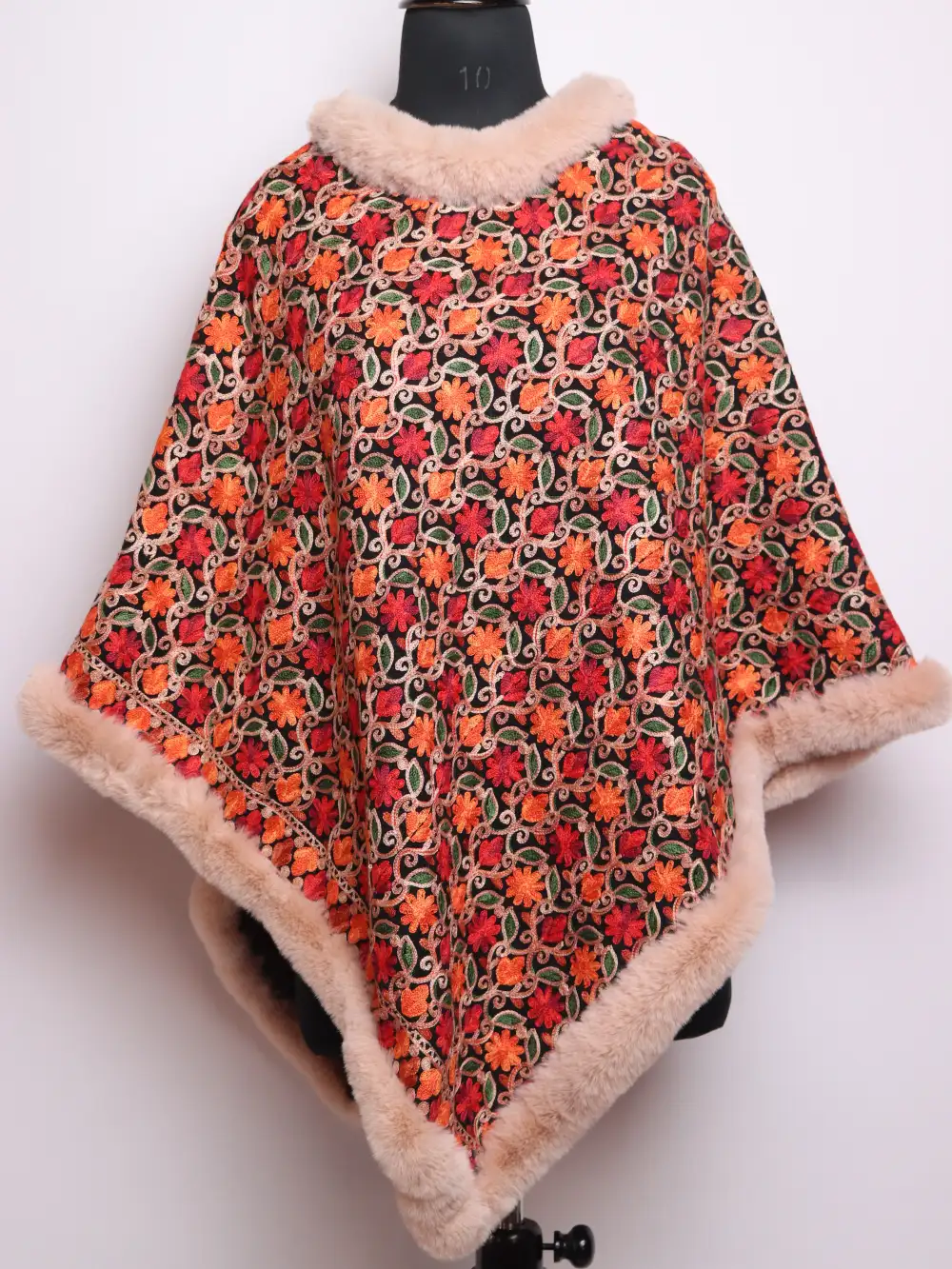 Black Fur Poncho in Cashmilon Wool with Jama Aari Work Hena