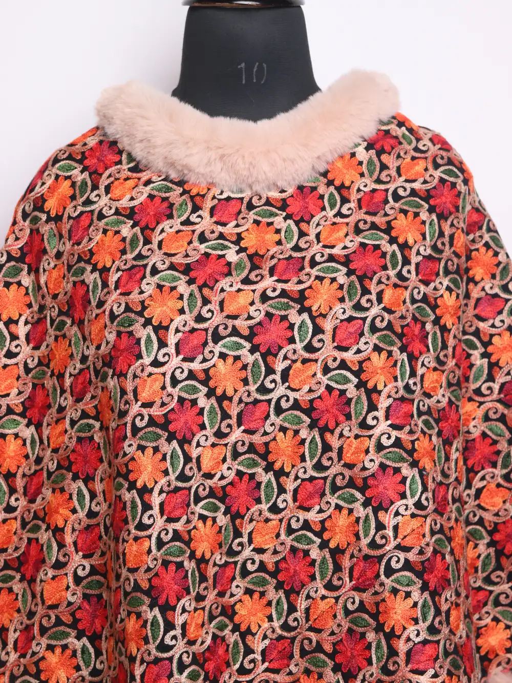 Black Fur Poncho in Cashmilon Wool with Jama Aari Work Hena - Image 2