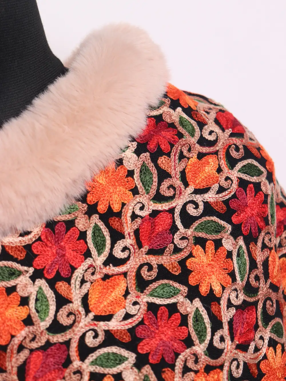 Black Fur Poncho in Cashmilon Wool with Jama Aari Work Hena - Image 3