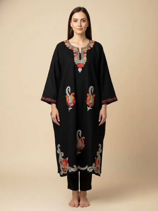 Cashmilon Wool Black Pheran with Booti Aari and Zari Embroidery Badamwari