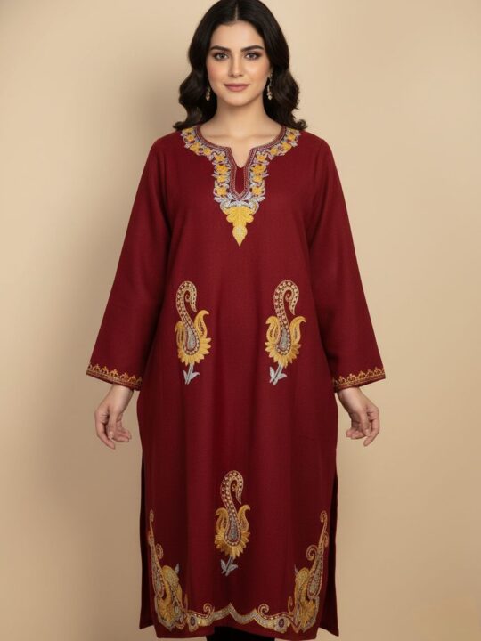 Badamwari Maroon Cashmilon Wool Pheran with Booti Aari and Zari Embroidery