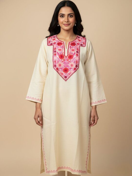 Cream Pheran in Cashmilon Wool Embroidered with Aari Buchpora