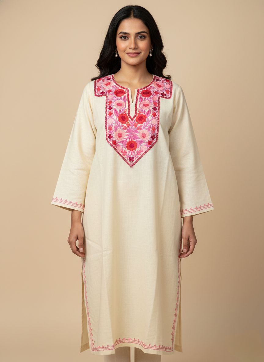 Cream Pheran in Cashmilon Wool Embroidered with Aari Buchpora