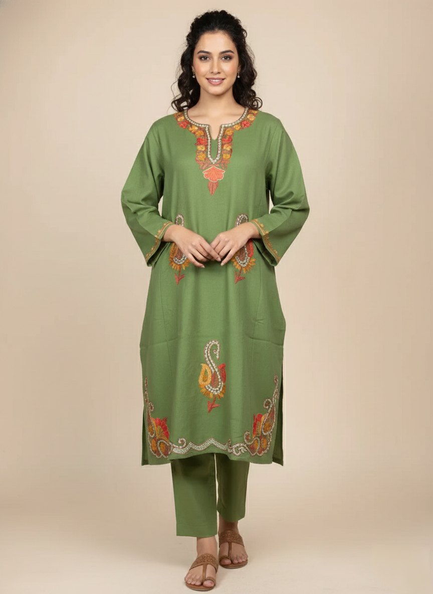 Pastel Green Cashmilon Wool Badamwari Pheran with Booti Aari and Zari Embroidery