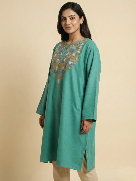 Sea Green Cashmilon Wool Pheran with Aari Embroidery Lolaab