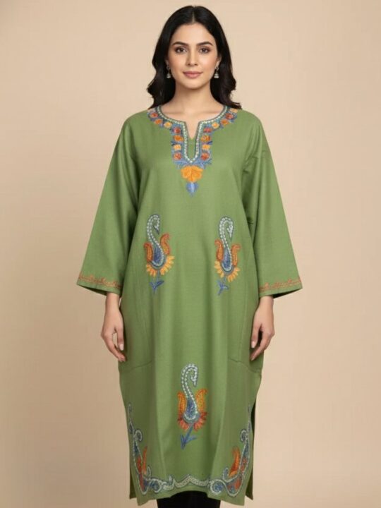 Badamwari Aari and Zari Booti Embroidery Pastel Green Pheran in Cashmilon Wool