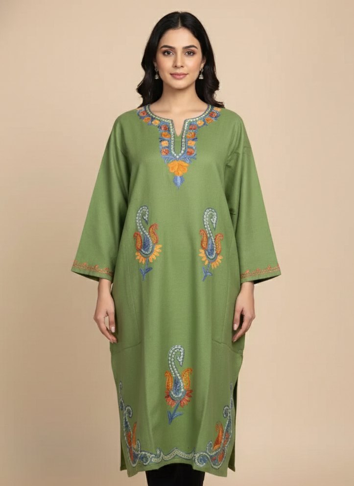 Badamwari Aari and Zari Booti Embroidery Pastel Green Pheran in Cashmilon Wool