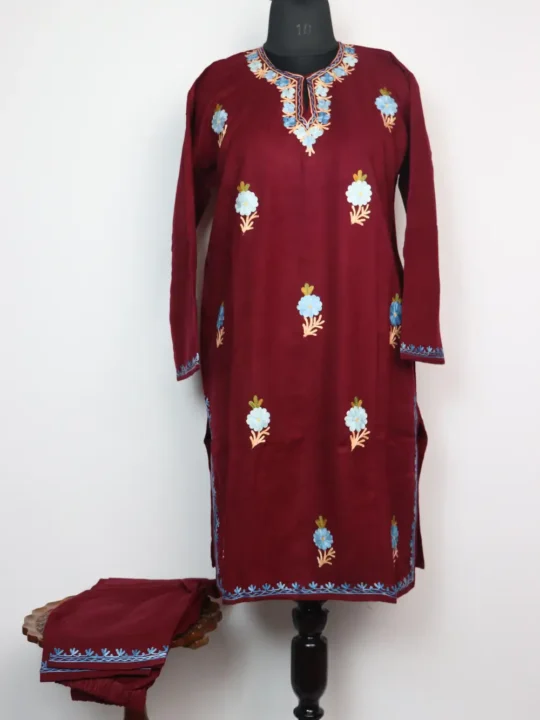 Embroidered Maroon Long Kurti Set Naima with Booti Aari in Cashmilon Wool
