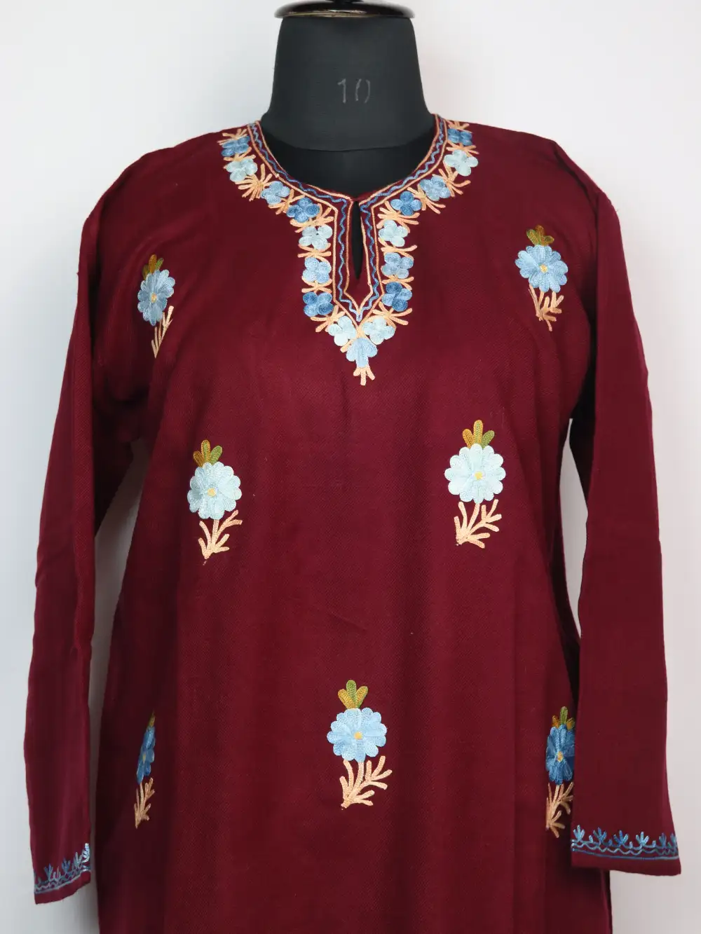 Embroidered Maroon Long Kurti Set Naima with Booti Aari in Cashmilon Wool - Image 2
